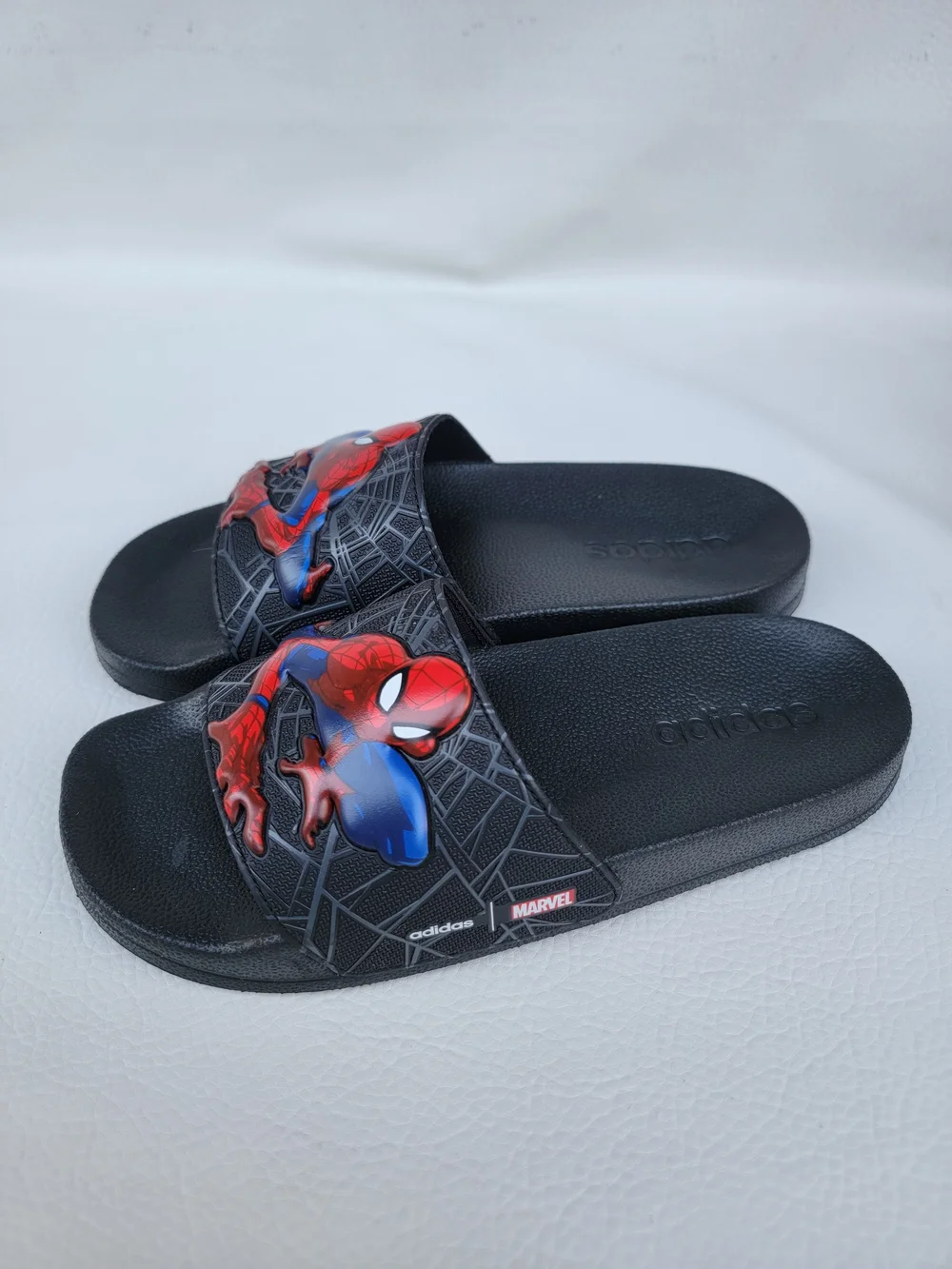 adidas Kids Black Slides with Red and Blue Spider-Man Graphic